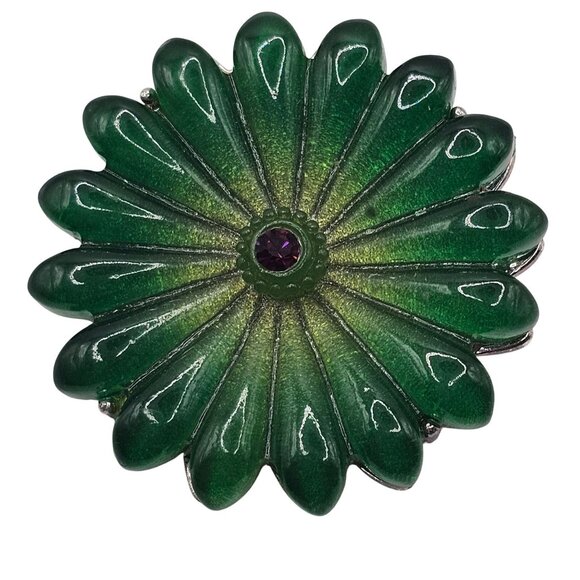 Vtg Green Floral Molded Glass Brooch Purple Rhinestone Silver Tone Pin Flower - Picture 3 of 9